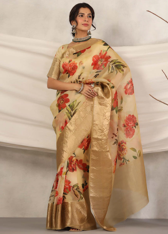 Cream Chiffon Silk Saree With Blouse Piece - Indian Silk House Agencies