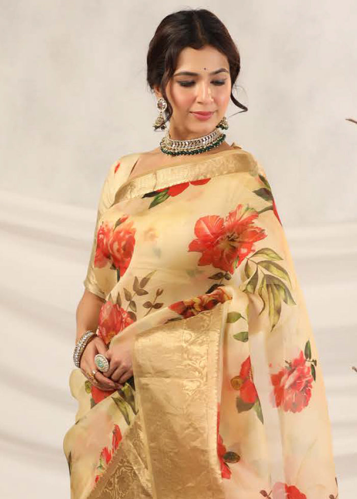 Cream Chiffon Silk Saree With Blouse Piece - Indian Silk House Agencies