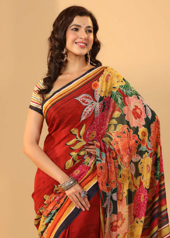 Red Chiffon Silk Saree With Blouse Piece - Indian Silk House Agencies