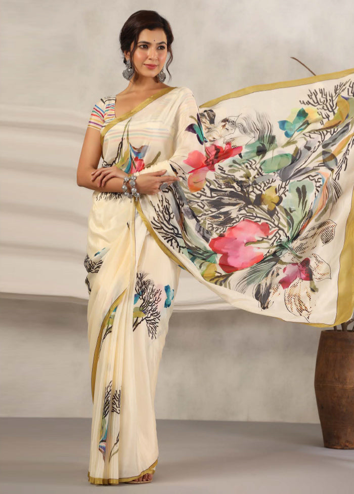 Cream Chiffon Silk Saree With Blouse Piece - Indian Silk House Agencies