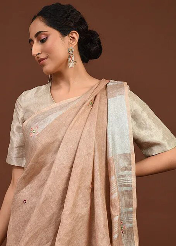 Peach Linen Silk Saree With Blouse Piece - Indian Silk House Agencies