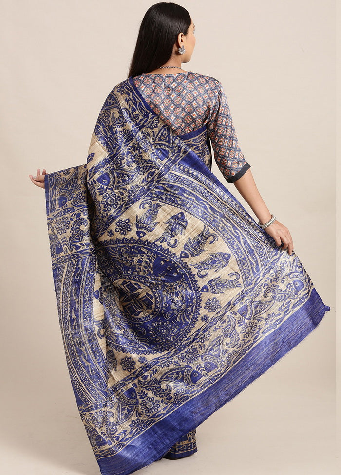 Madhubani Imprint Blue Ghicha Silk Saree - Indian Silk House Agencies