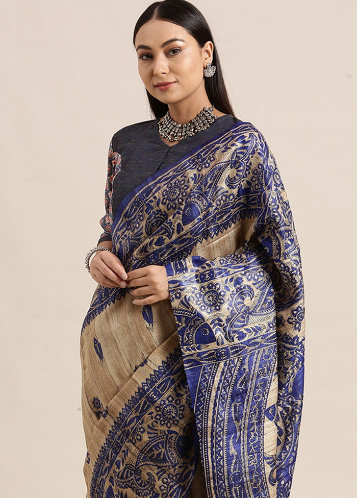 Madhubani Imprint Blue Ghicha Silk Saree - Indian Silk House Agencies