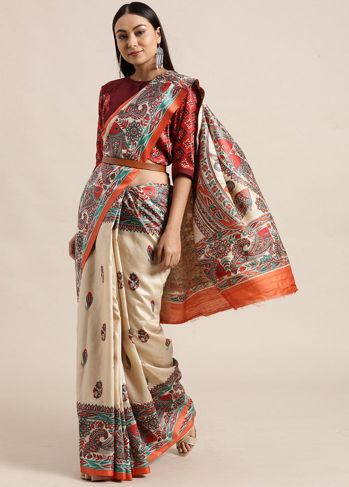 Madhubani Imprint Cream Ghicha Silk Saree - Indian Silk House Agencies