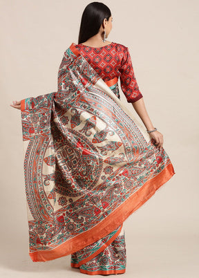 Madhubani Imprint Cream Ghicha Silk Saree - Indian Silk House Agencies