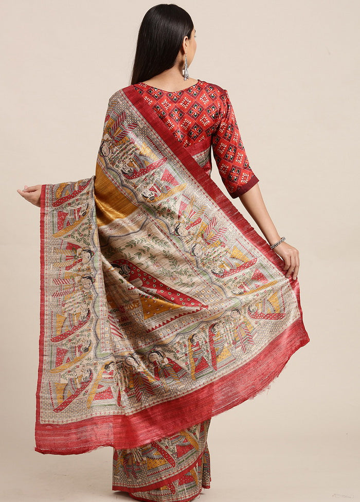 Madhubani Imprint Brown Ghicha Silk Saree - Indian Silk House Agencies