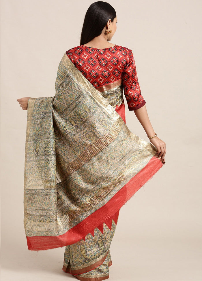 Madhubani Imprint Red Ghicha Silk Saree - Indian Silk House Agencies