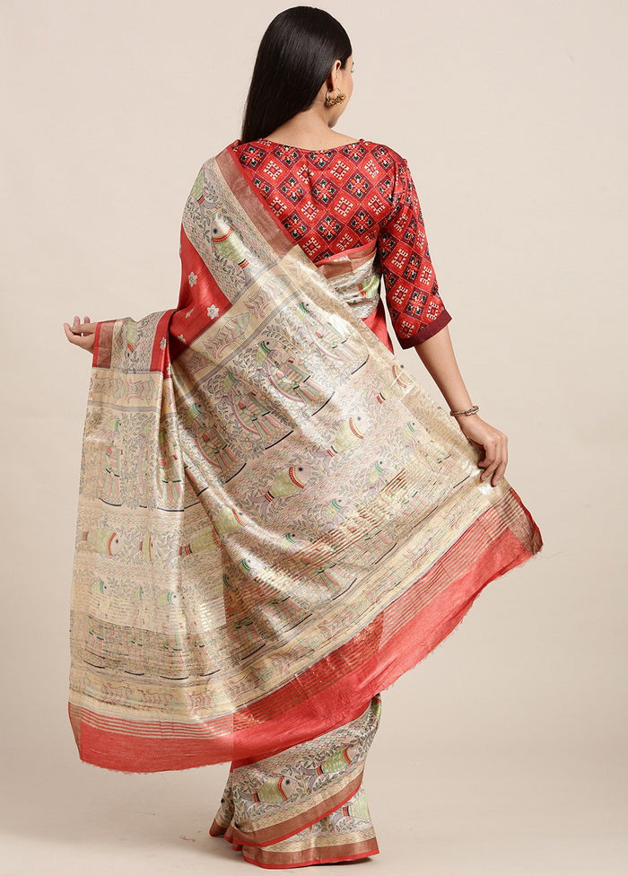 Madhubani Imprint Red Ghicha Silk Saree - Indian Silk House Agencies