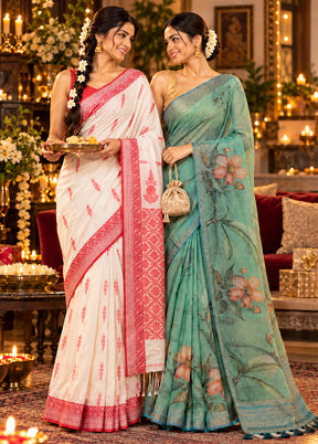 Ivory Diya Duo – White Matka Silk & Green Georgette Sarees
