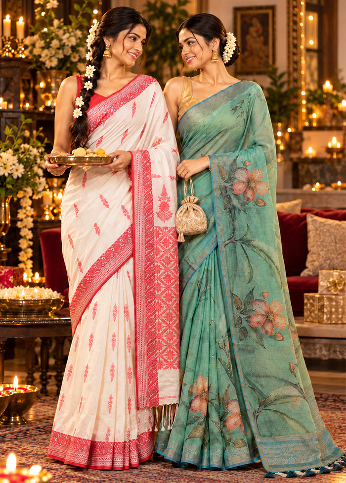 Ivory Diya Duo – White Matka Silk & Green Georgette Sarees