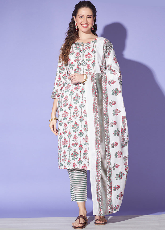 3 Pc White Readymade Cotton Suit Set - Indian Silk House Agencies