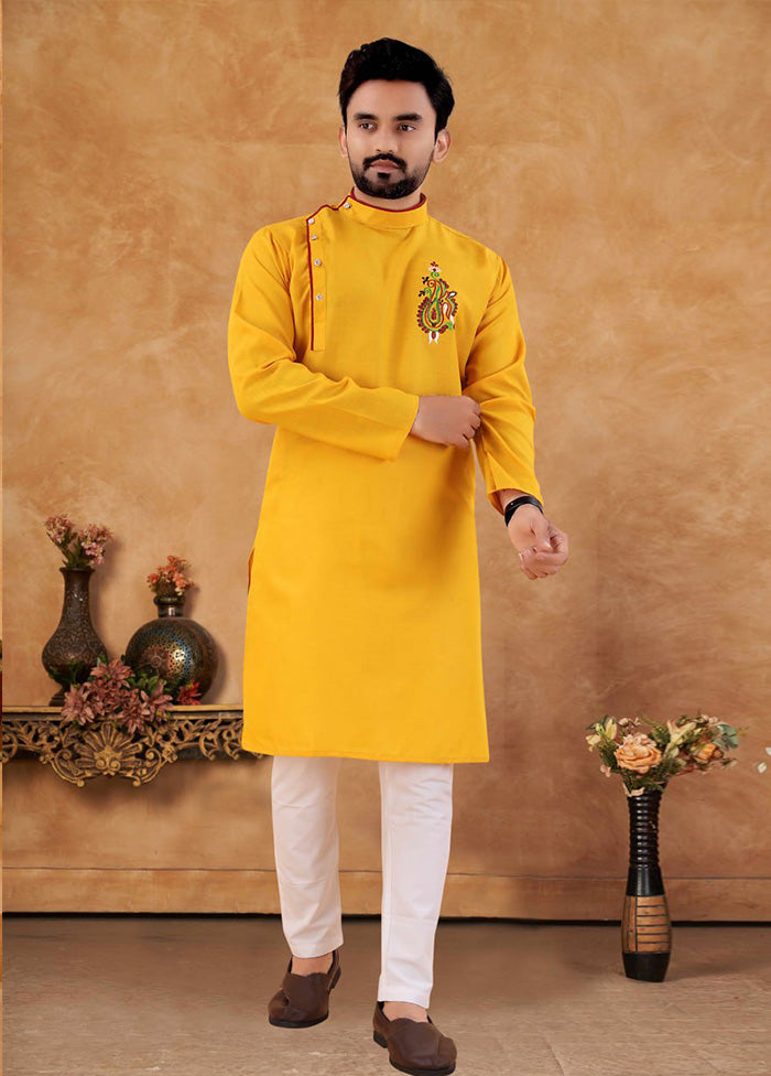 2 Pc Yellow Cotton Kurta And Pajama Set - Indian Silk House Agencies