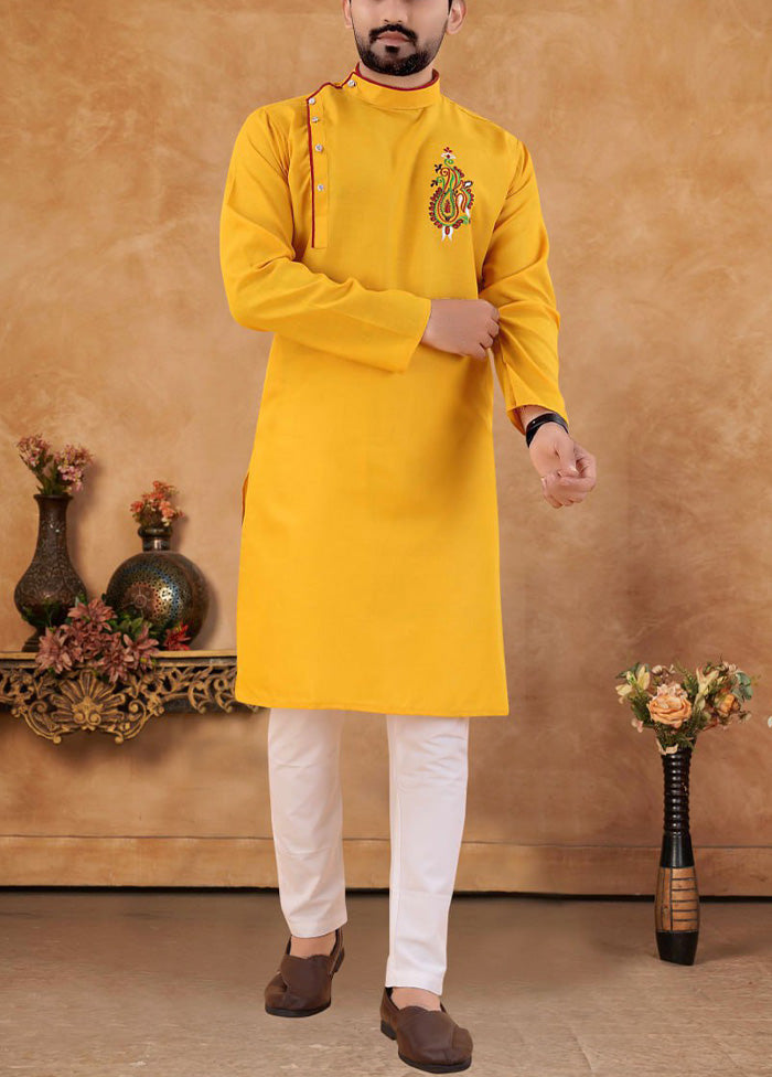 2 Pc Yellow Cotton Kurta And Pajama Set - Indian Silk House Agencies