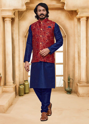 3 Pc Blue Pure Silk Ethnic Wear