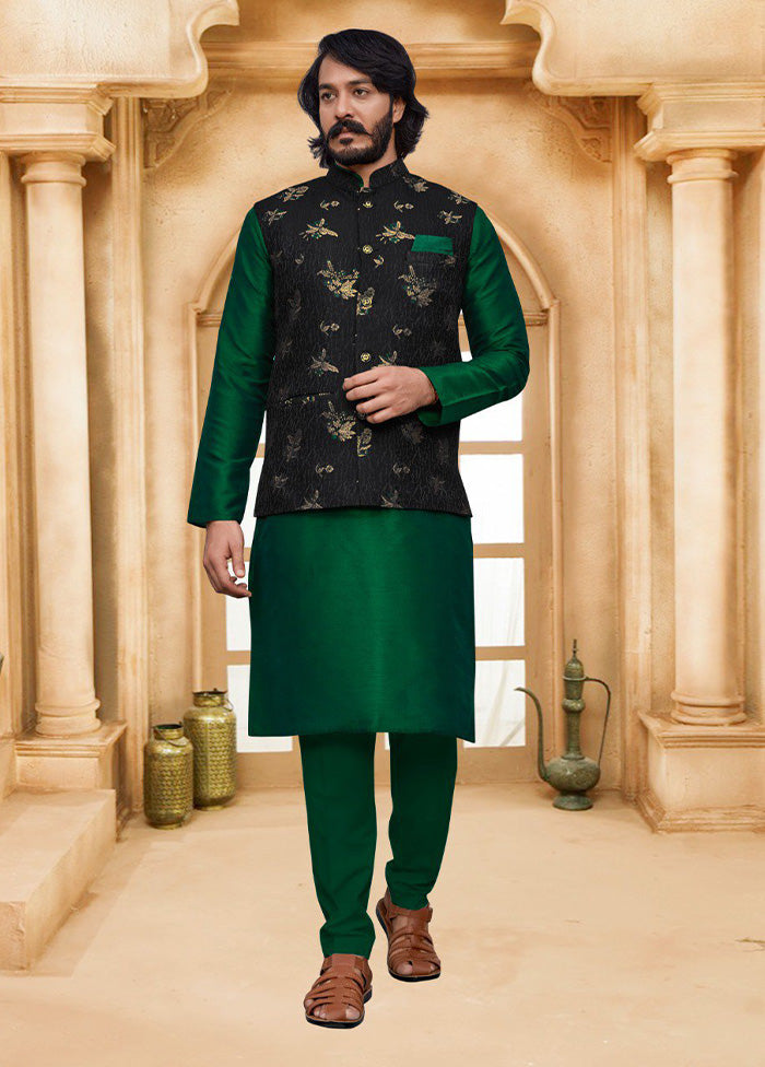 3 Pc Green Pure Silk Ethnic Wear - Indian Silk House Agencies