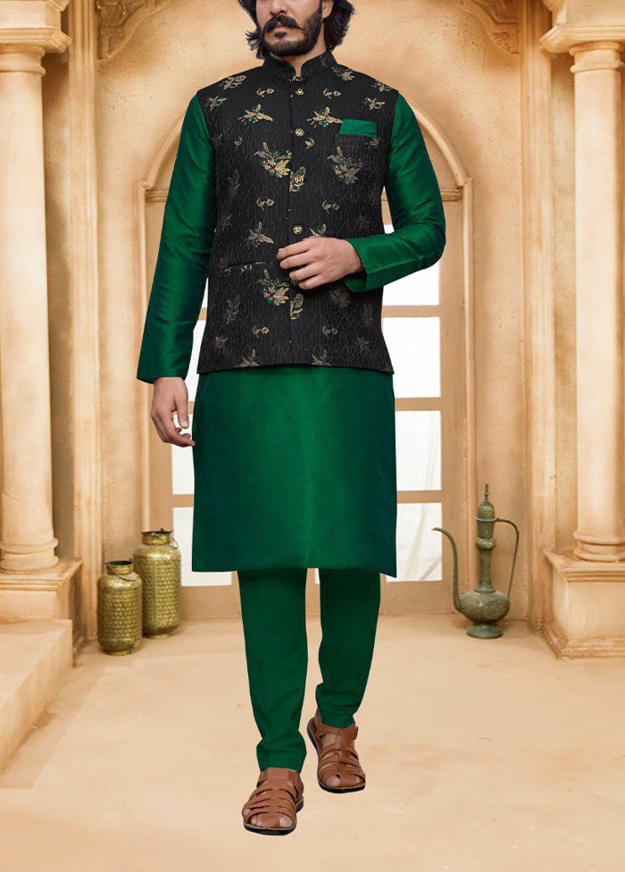 3 Pc Green Pure Silk Ethnic Wear - Indian Silk House Agencies