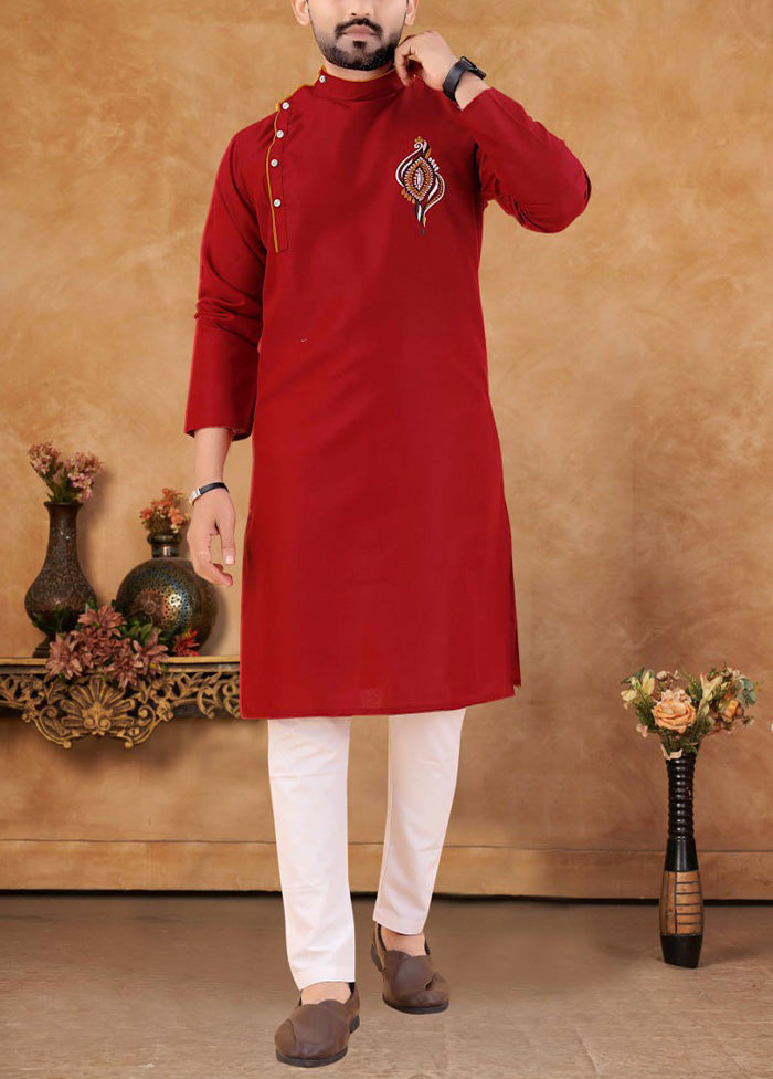 2 Pc Red Cotton Kurta And Pajama Set - Indian Silk House Agencies