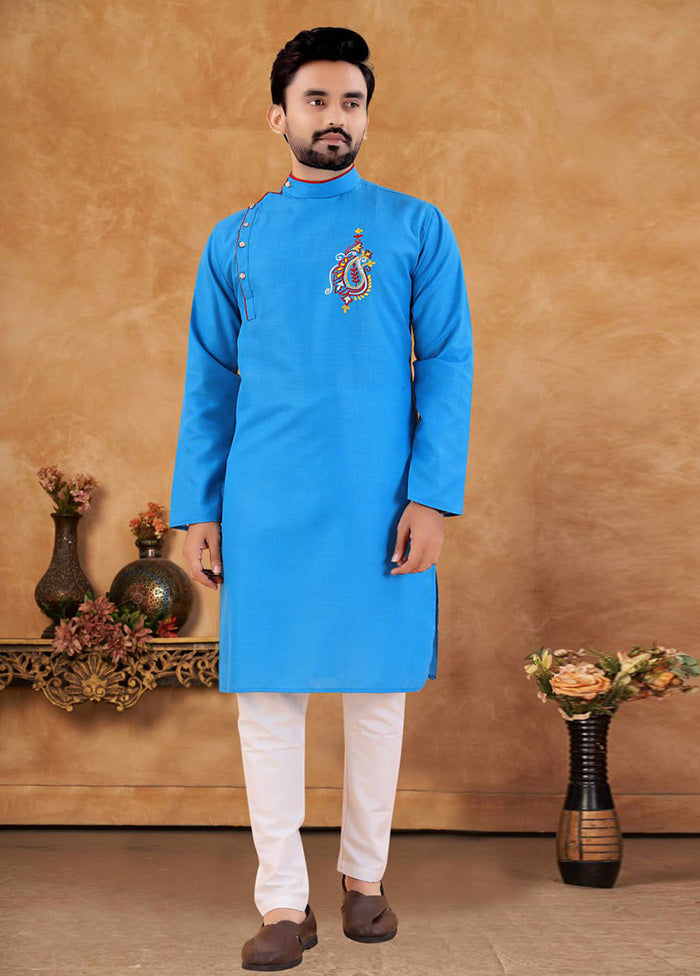 2 Pc Blue Cotton Kurta And Pajama Set - Indian Silk House Agencies