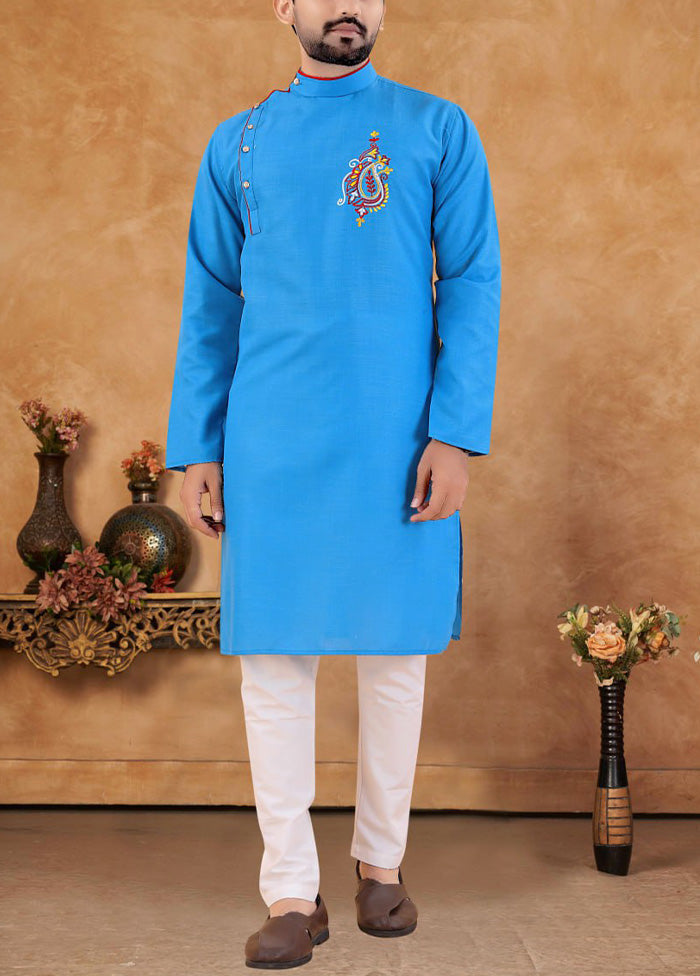 2 Pc Blue Cotton Kurta And Pajama Set - Indian Silk House Agencies