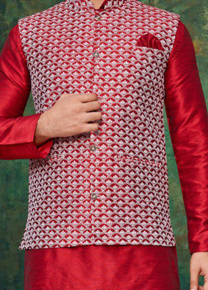 3 Pc Red Pure Silk Ethnic Wear - Indian Silk House Agencies