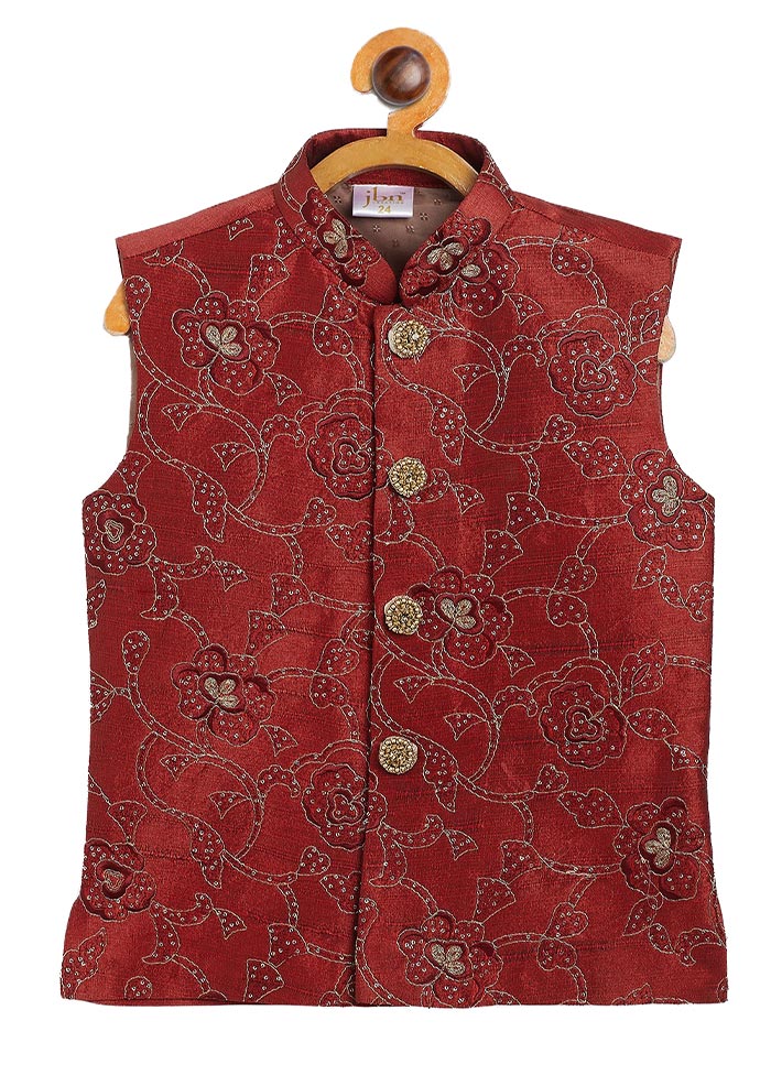 Maroon Silk Nehru Jacket - Indian Silk House Agencies