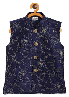 Navy Blue Silk Nehru Jacket - Indian Silk House Agencies