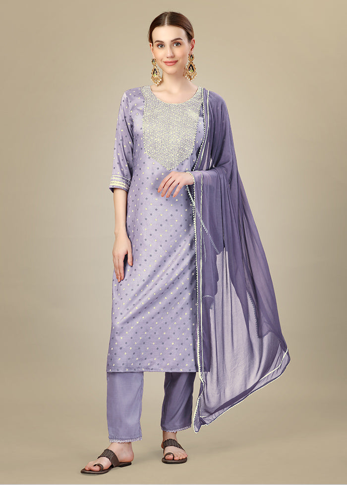 3 Pc Lavender Readymade Silk Suit Set