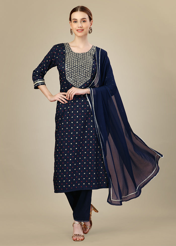 3 Pc Navy Blue Readymade Silk Suit Set