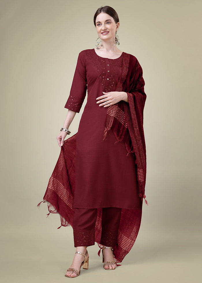 3 Pc Maroon Readymade Cotton Suit Set