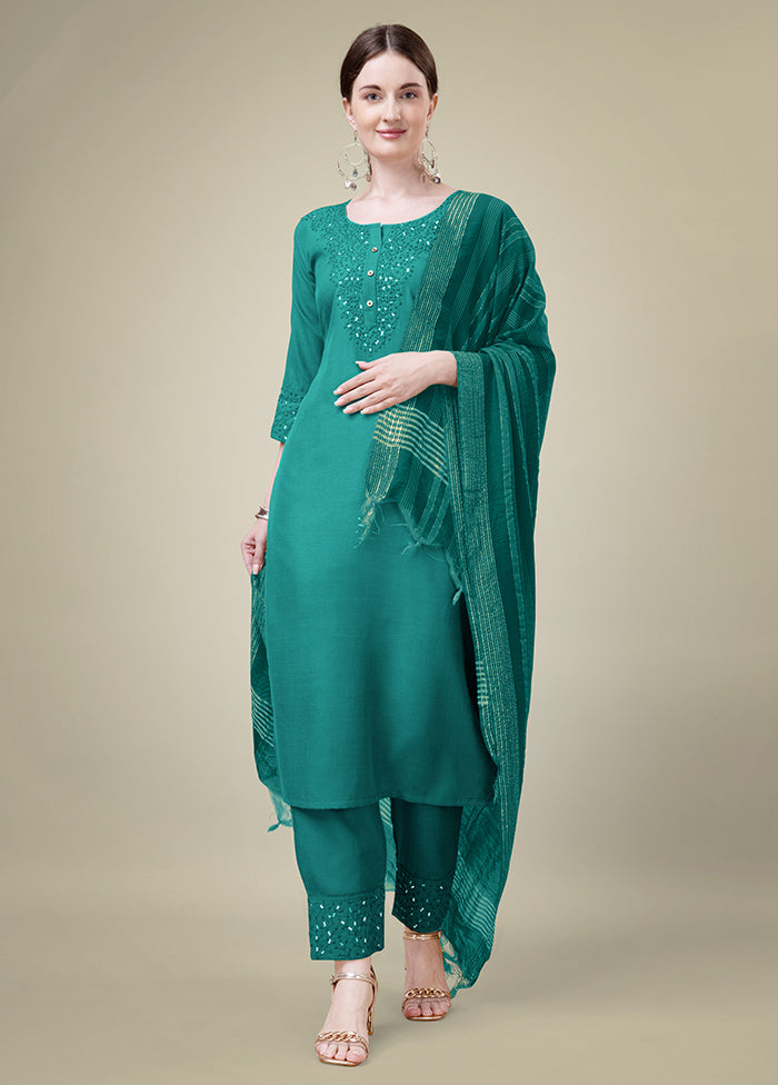 3 Pc Teal Readymade Cotton Suit Set