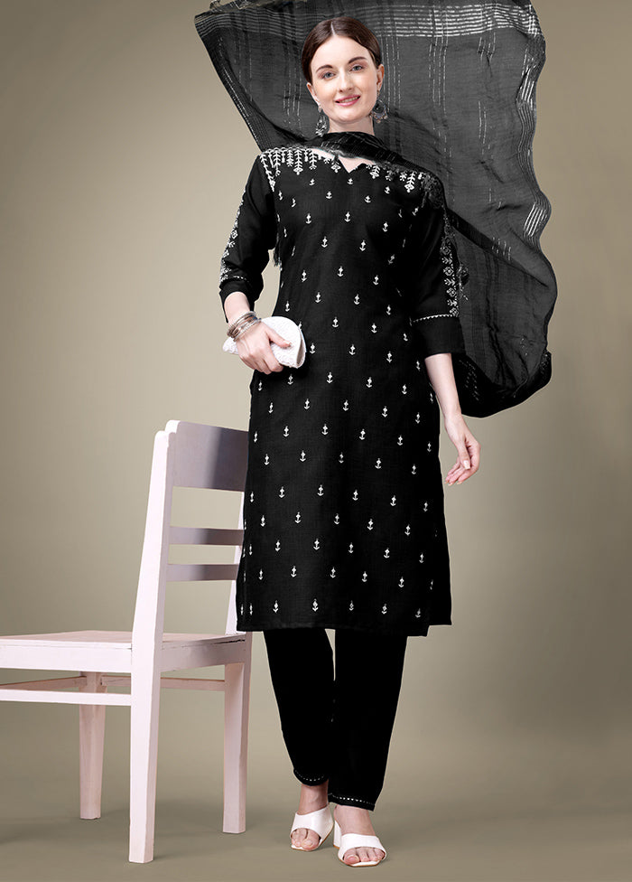 3 Pc Black Readymade Cotton Suit Set