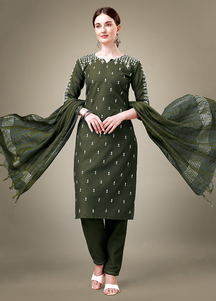 3 Pc Dark Green Readymade Cotton Suit Set