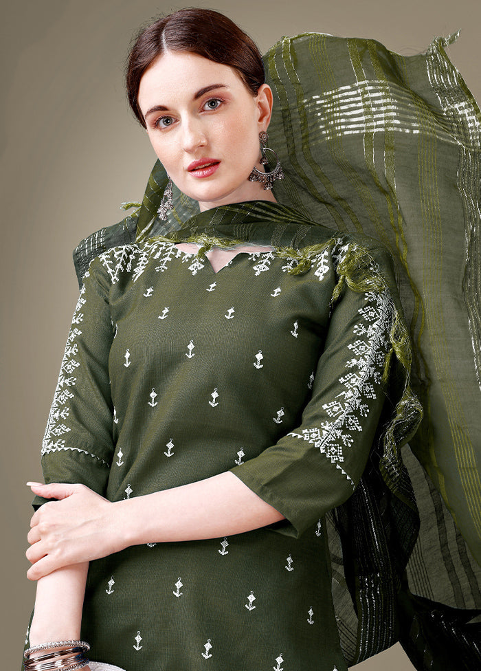 3 Pc Dark Green Readymade Cotton Suit Set - Indian Silk House Agencies