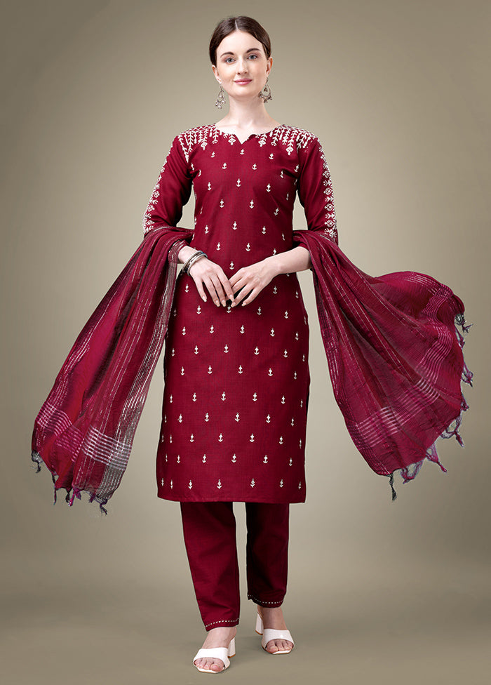 3 Pc Maroon Readymade Cotton Suit Set - Indian Silk House Agencies