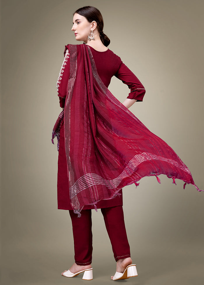 3 Pc Maroon Readymade Cotton Suit Set