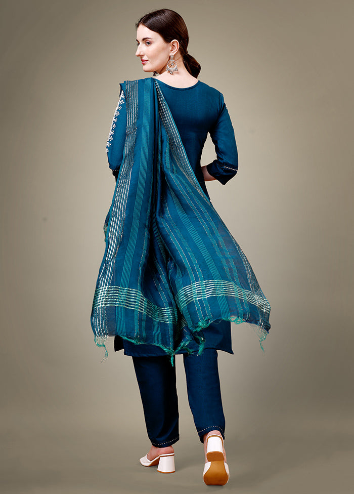 3 Pc Blue Readymade Cotton Suit Set - Indian Silk House Agencies