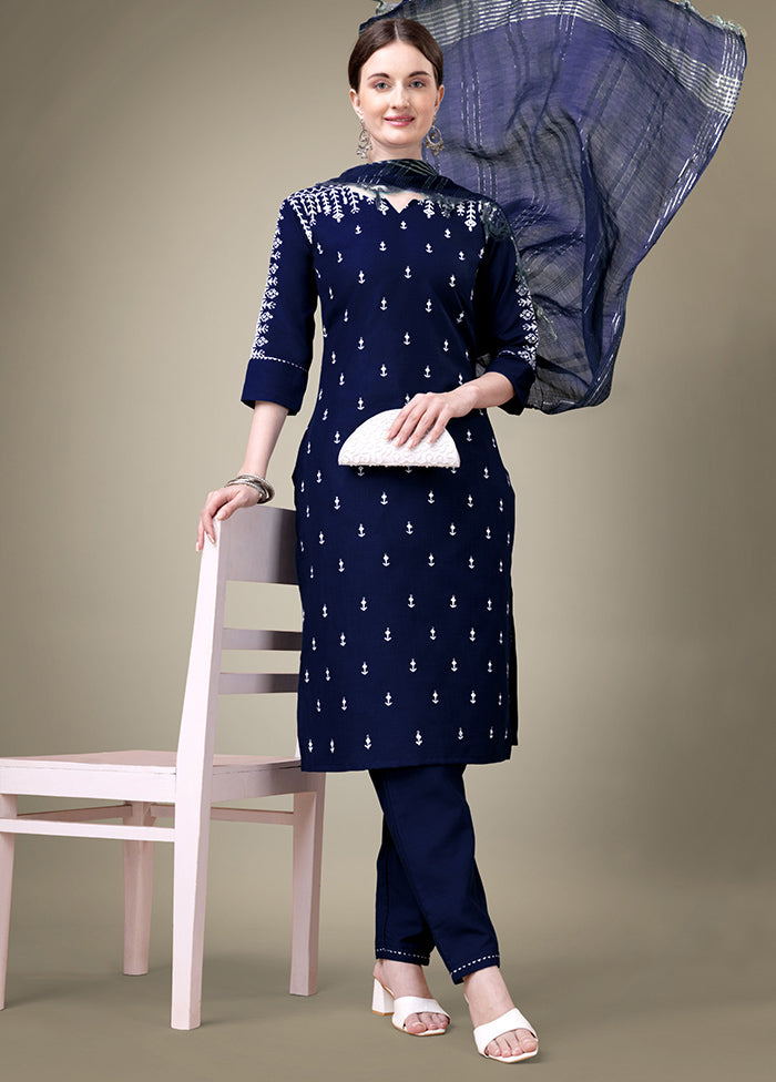 3 Pc Navy Blue Readymade Cotton Suit Set - Indian Silk House Agencies