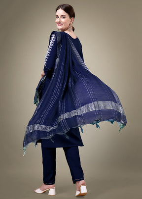 3 Pc Navy Blue Readymade Cotton Suit Set - Indian Silk House Agencies