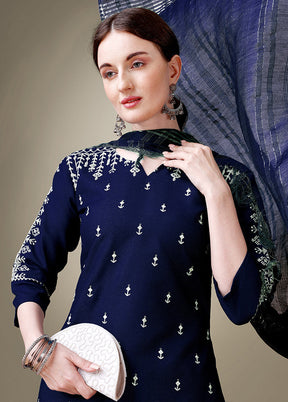 3 Pc Navy Blue Readymade Cotton Suit Set - Indian Silk House Agencies