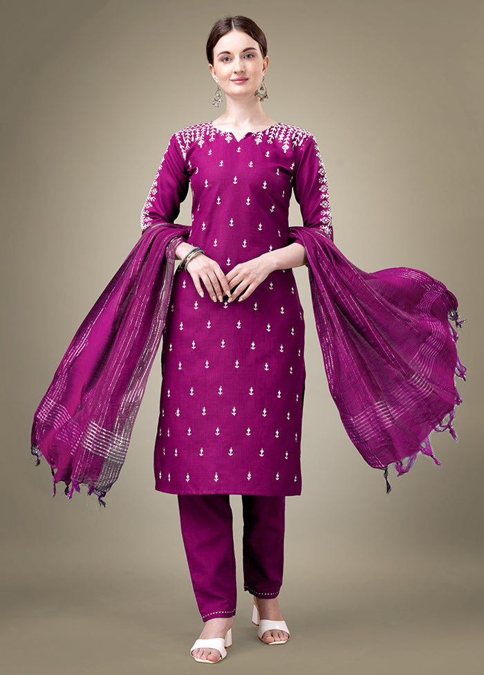 3 Pc Purple Readymade Cotton Suit Set - Indian Silk House Agencies