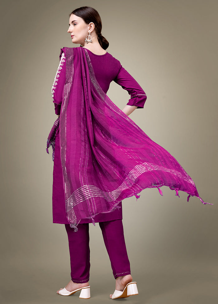 3 Pc Purple Readymade Cotton Suit Set - Indian Silk House Agencies