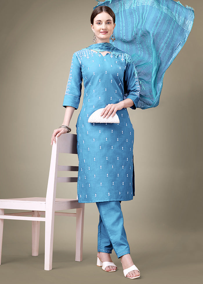 3 Pc Sky Blue Readymade Cotton Suit Set