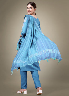 3 Pc Sky Blue Readymade Cotton Suit Set - Indian Silk House Agencies