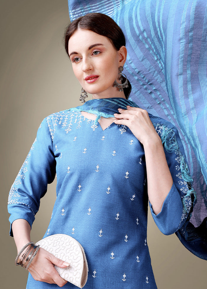 3 Pc Sky Blue Readymade Cotton Suit Set