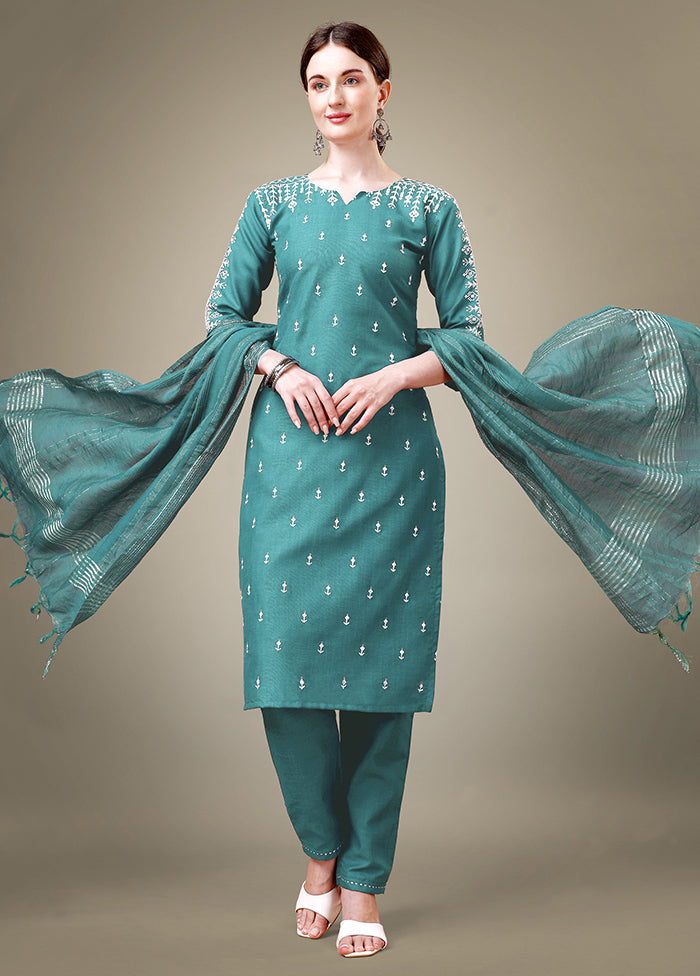 3 Pc Teal Readymade Cotton Suit Set