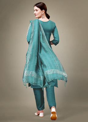 3 Pc Teal Readymade Cotton Suit Set - Indian Silk House Agencies