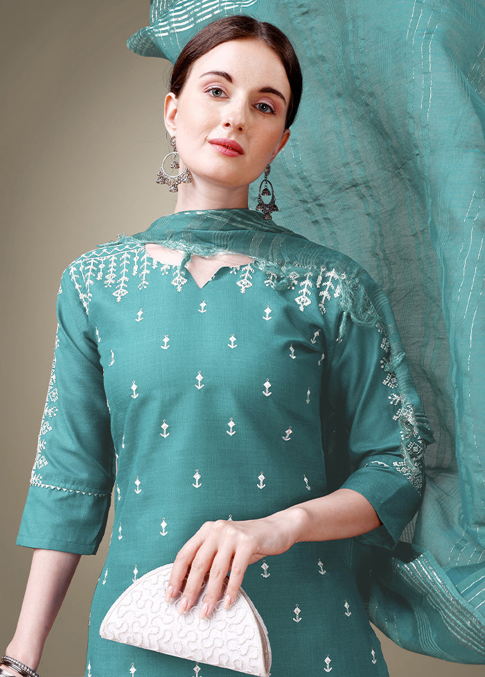 3 Pc Teal Readymade Cotton Suit Set - Indian Silk House Agencies