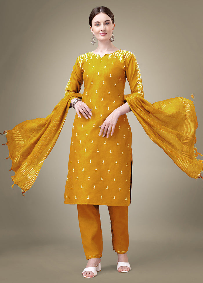 3 Pc Yellow Readymade Cotton Suit Set