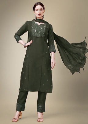 3 Pc Dark Green Readymade Cotton Suit Set