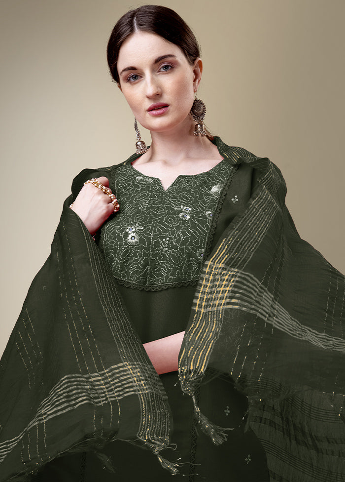 3 Pc Dark Green Readymade Cotton Suit Set